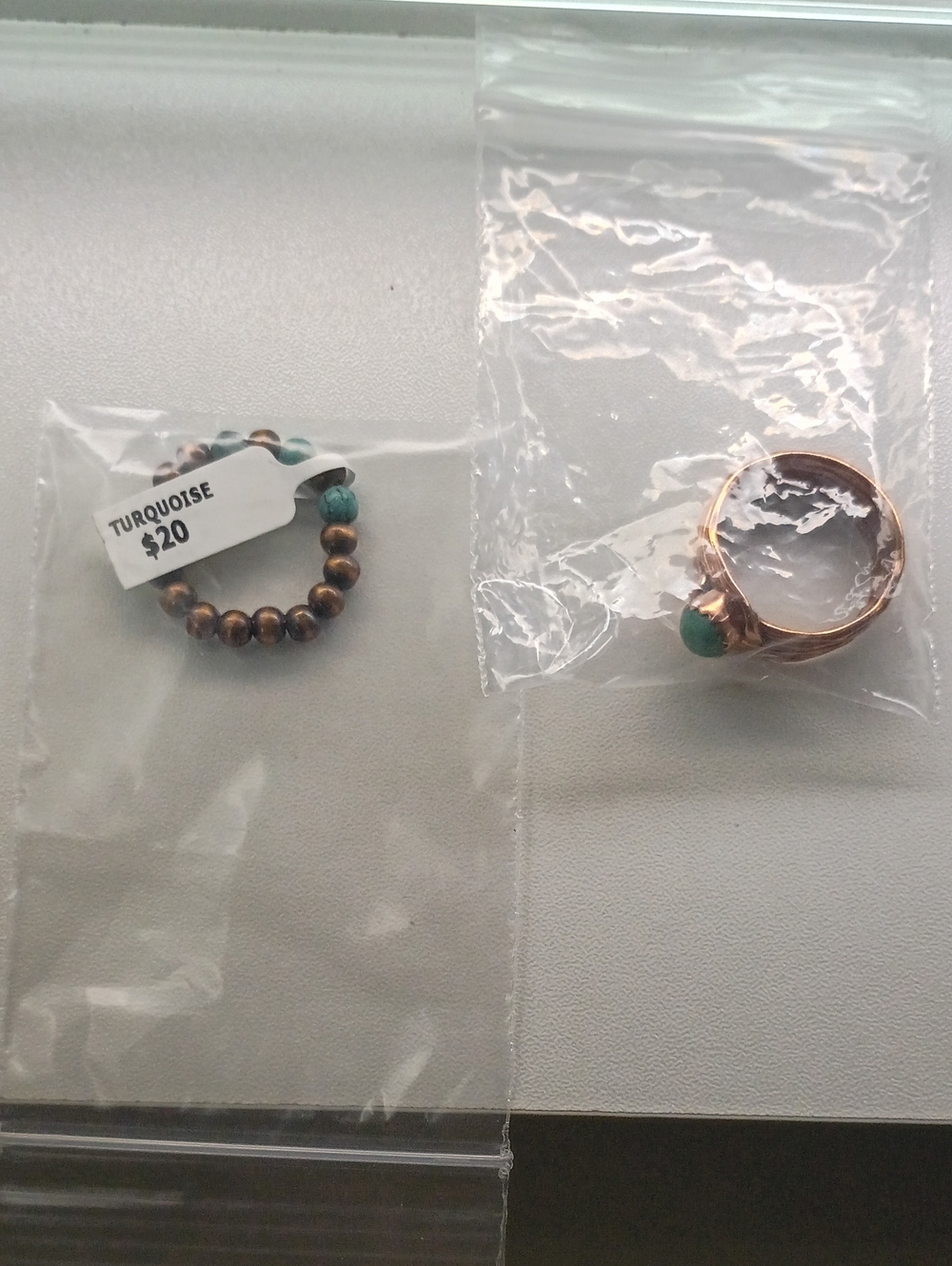 Set of 2 Copper & Turquoise Rings Beaded Stretch & Solitaire Cabochon Set